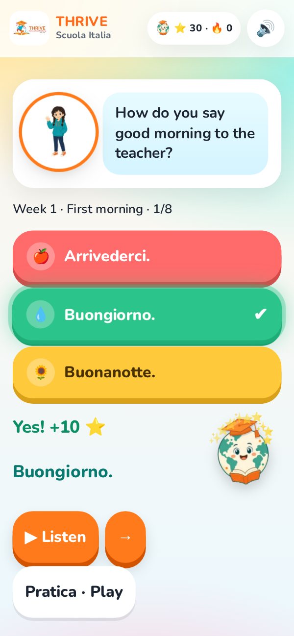 The Scuola Italia app on a phone: a quiz question with colourful answer buttons and a sticker reward